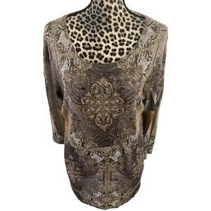 Studio Gem Q Top Blouse L Embellished Brown 3/4 Sleeve Paisley Boho Hippie